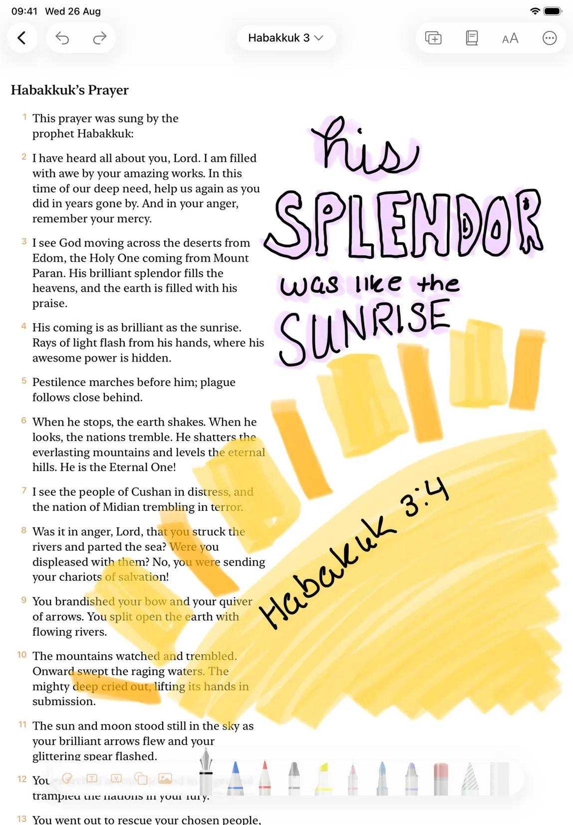 Habakkuk 3 open in Digible on iPad, hand-lettered by a reader in pink over a wide yellow highlighter sunburst — 'his splendour was like the sunrise'