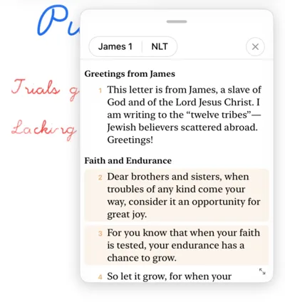 The compare panel floating over an iPad page, showing James 1 in the New Living Translation