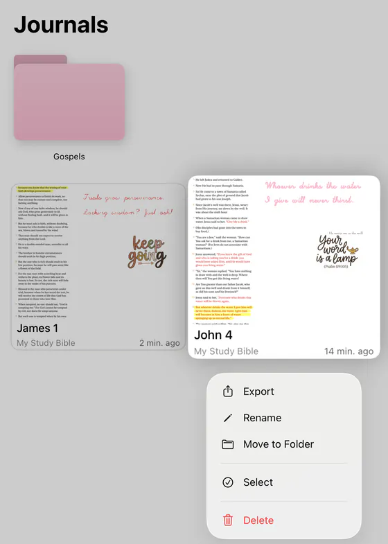 Journals on iPad with a folder called Gospels. A journal page is pressed and held, showing Export, Rename, Move to Folder, Select and Delete