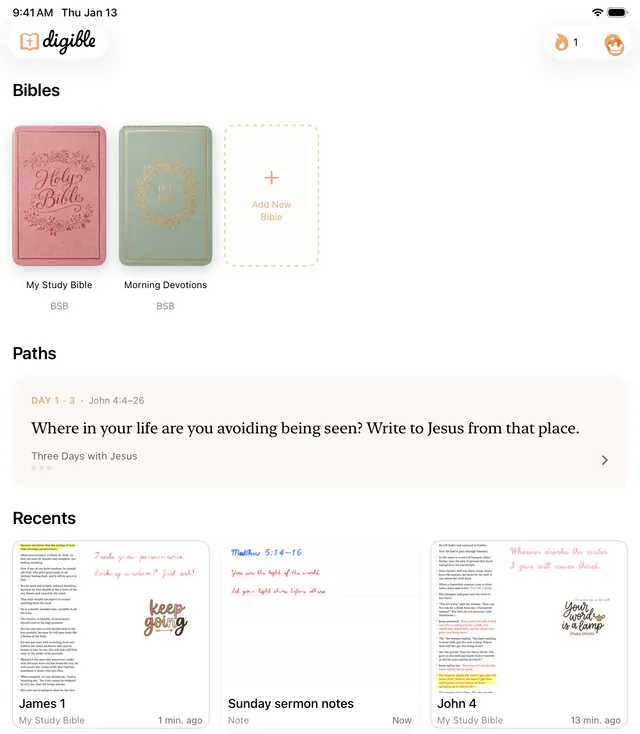 Digible's Home screen on iPad: two Bibles at the top, a Path below them and recent journal pages at the bottom