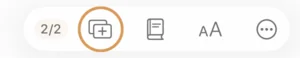 The top right of an iPad Bible page: the page counter 2/2, then Add journal page (circled), Compare translation, Customize Bible and More options