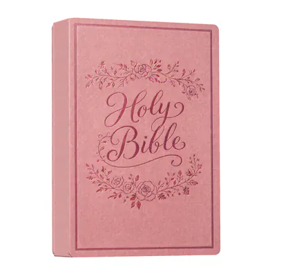 A pink Holy Bible shown in 3D, turned slightly so its spine shows