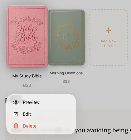 A Bible pressed and held on Home, showing Preview, Edit and Delete