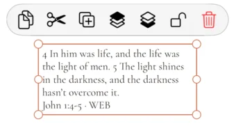 A selected Verse box on an iPad page with circles at its corners and the bar above it: Copy, Cut, Duplicate, Bring to Front, Send to Back, Lock and Delete