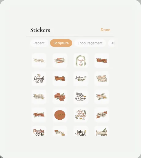 The Stickers sheet on iPad showing the Scripture category: verse banners and lettered stickers such as Isaiah 40:31 and John 3:16