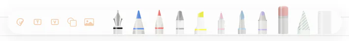 The iPad toolbar: on the left the Stickers, Text box, Verse box, Shape and Photo buttons, then the pens, the eraser, the lasso and the ruler