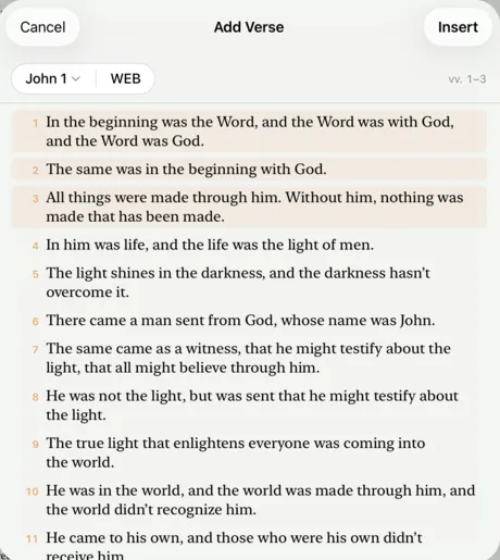 The Add Verse sheet on iPad with John 1 in the World English Bible and verses 1 to 3 selected, ready to insert