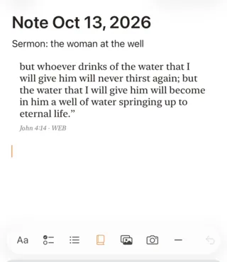 A typed note on iPhone with John 4:14 added as a verse, and the note toolbar above the keyboard