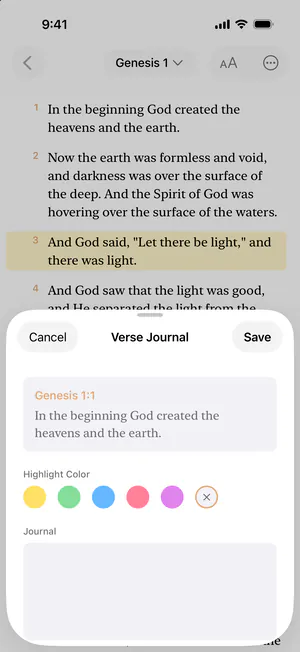 Genesis 1 on iPhone with Verse Journal open for verse 1, showing the Highlight Color choices and the Journal field