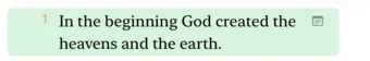 Genesis 1:1 on iPhone highlighted green, with the note icon at the end of the verse