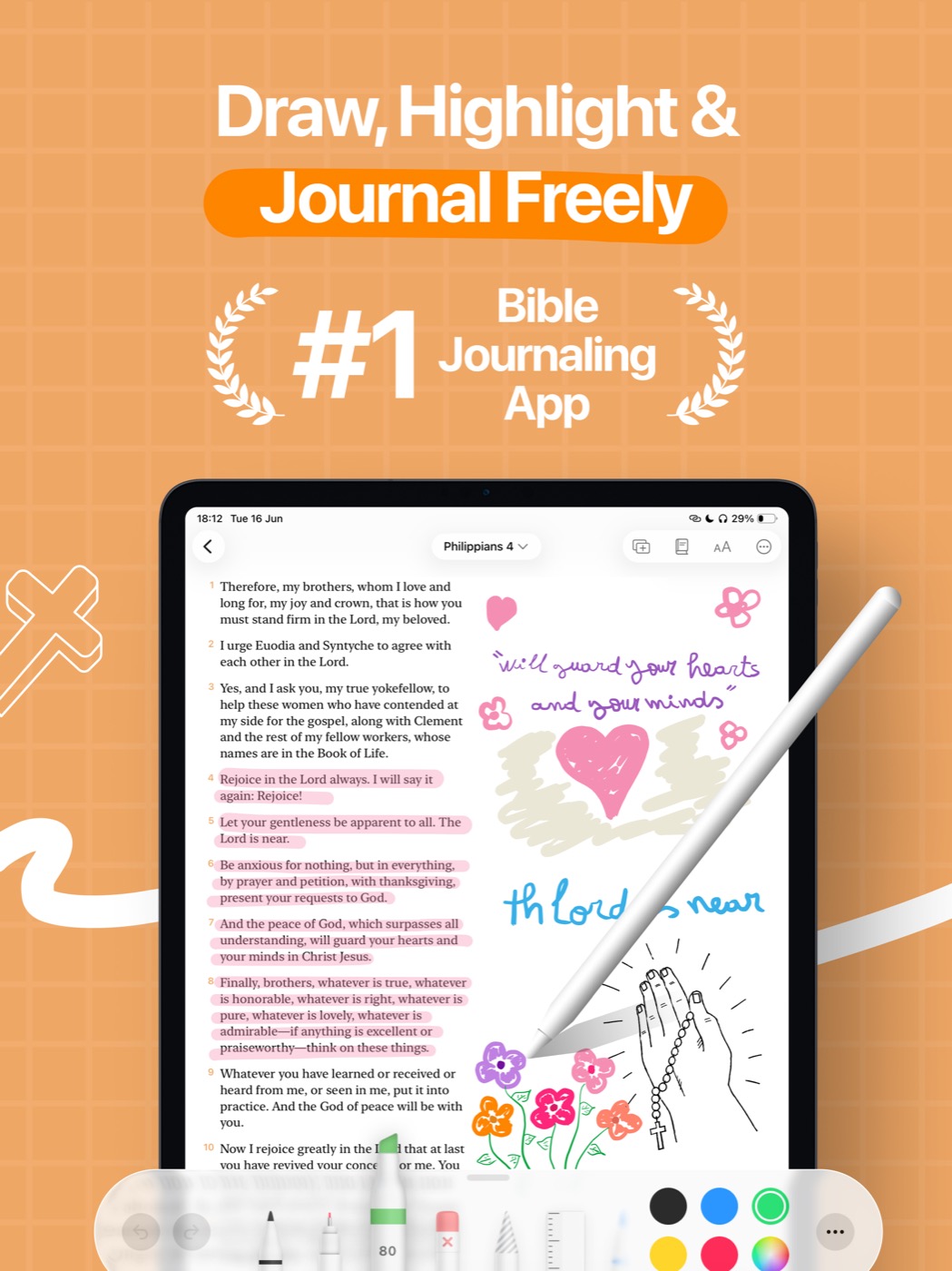 Philippians 4 open in Digible on iPad, highlighted in pink with handwritten notes, a drawn heart and praying hands beside the text