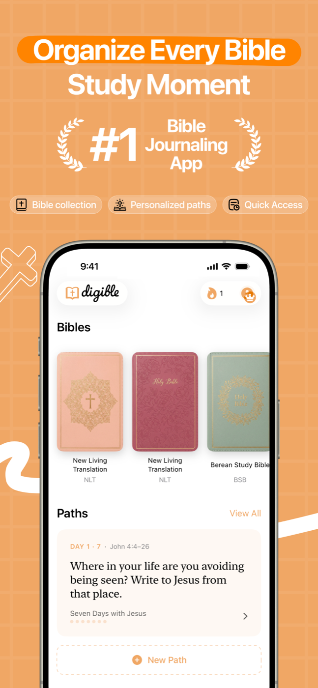 Digible's home screen showing a Bible library of illustrated covers alongside an active study Path