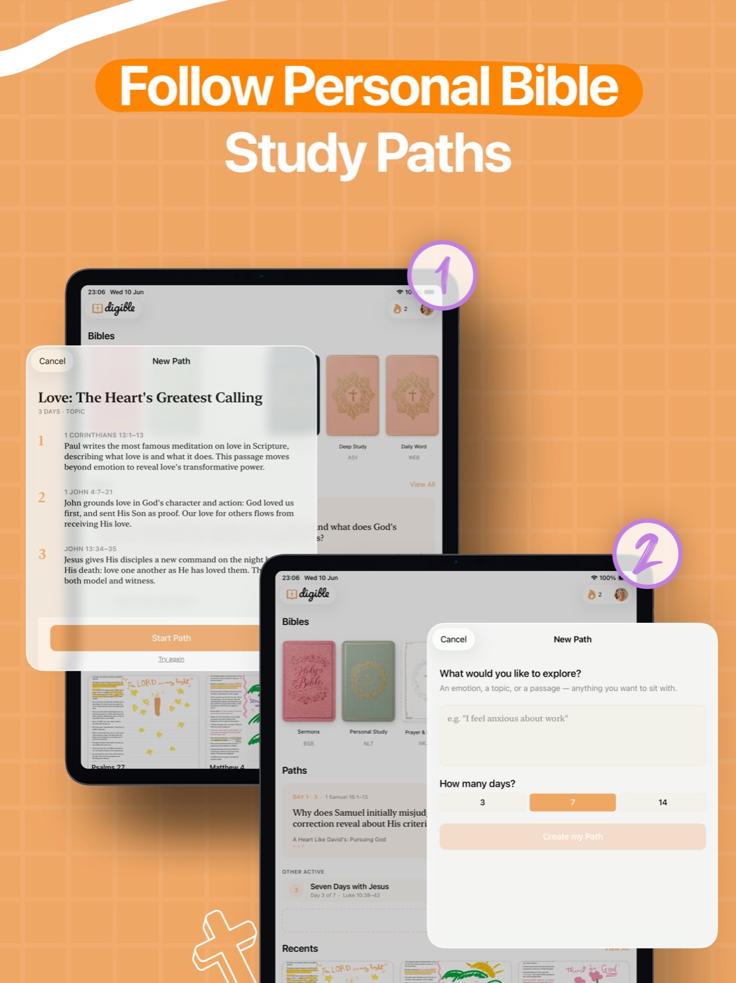 Digible's New Path sheet on iPad asking what you would like to explore, with a three-day study on love
