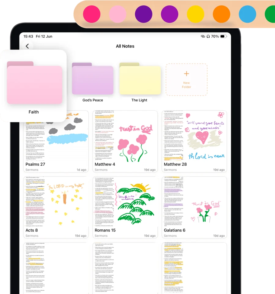 Digible's All Notes screen on iPad showing coloured folders and a grid of hand-drawn journal pages