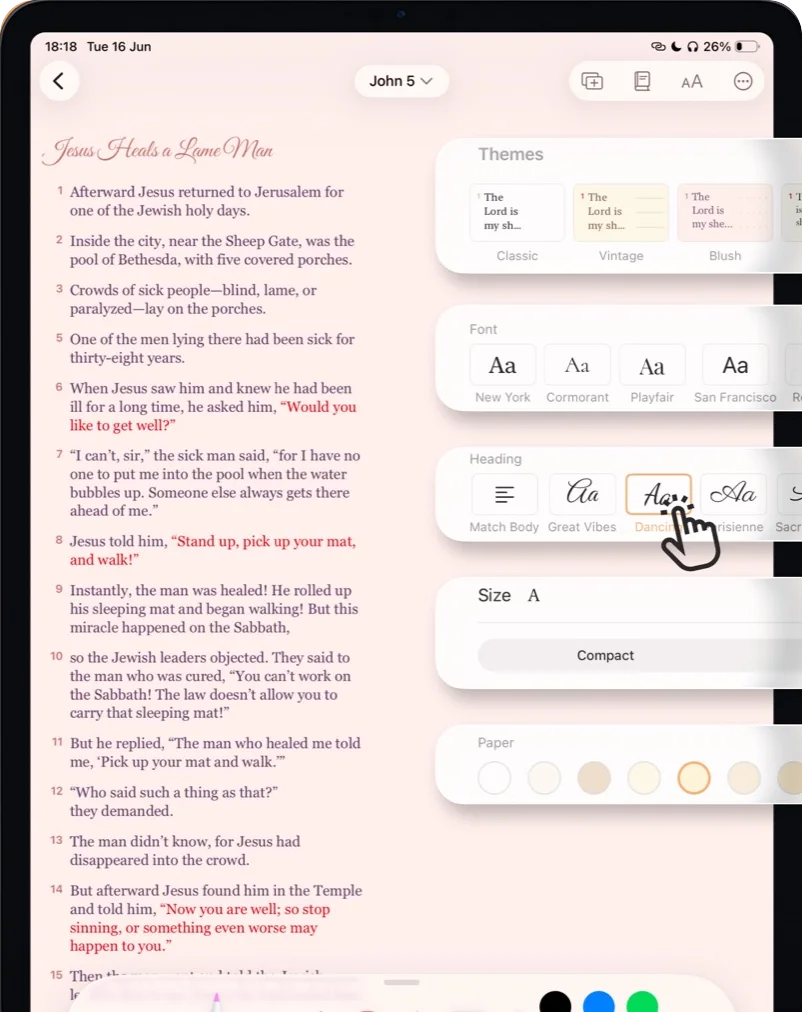 John 5 open in Digible on iPad with the Style Studio panel open, showing theme swatches, typeface choices and paper colours