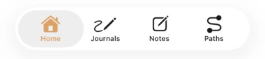 Digible's tab bar with four tabs: Home, Journals, Notes and Paths