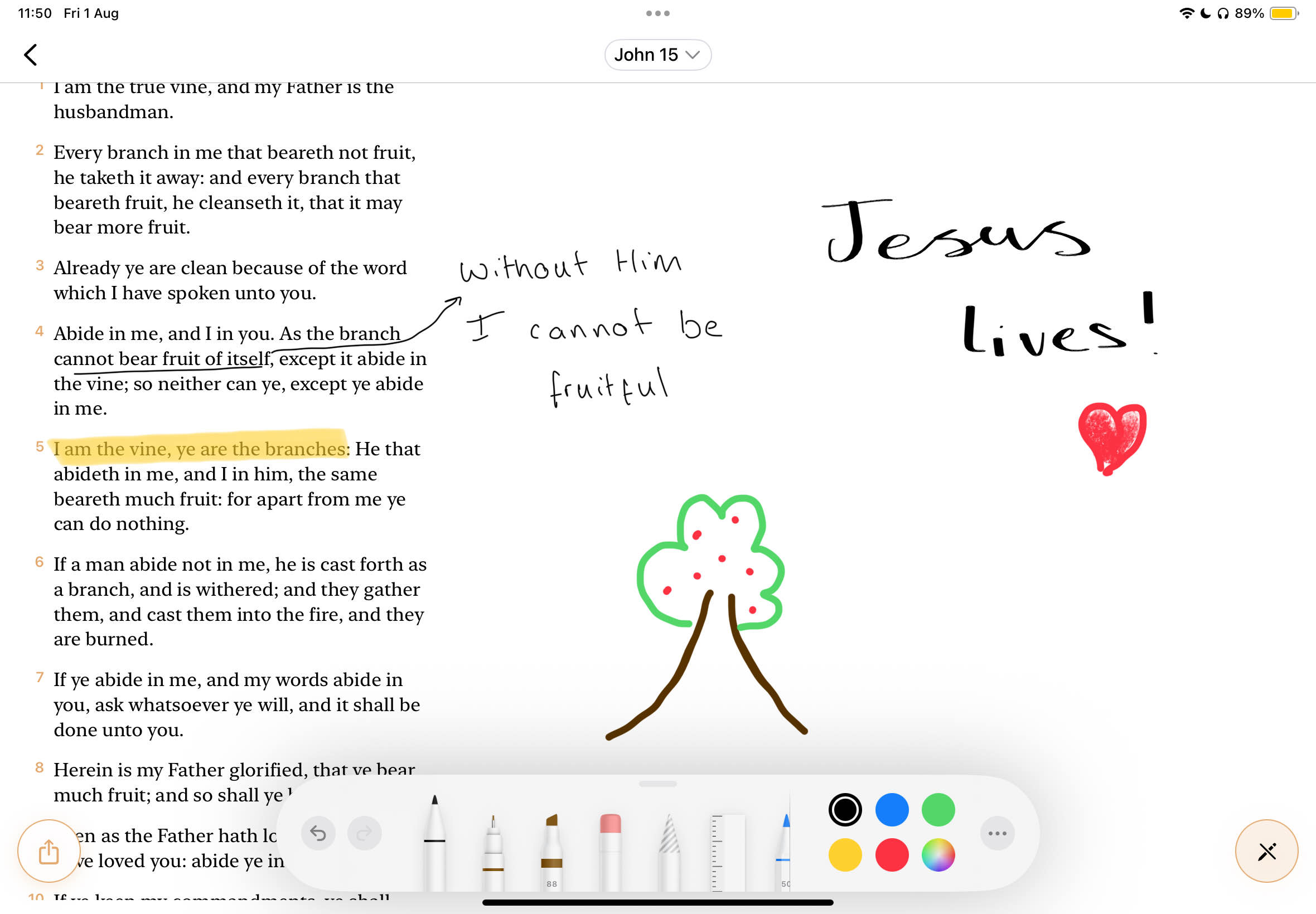 Digible digital Bible journaling app showing Scripture annotation with Apple Pencil on iPad